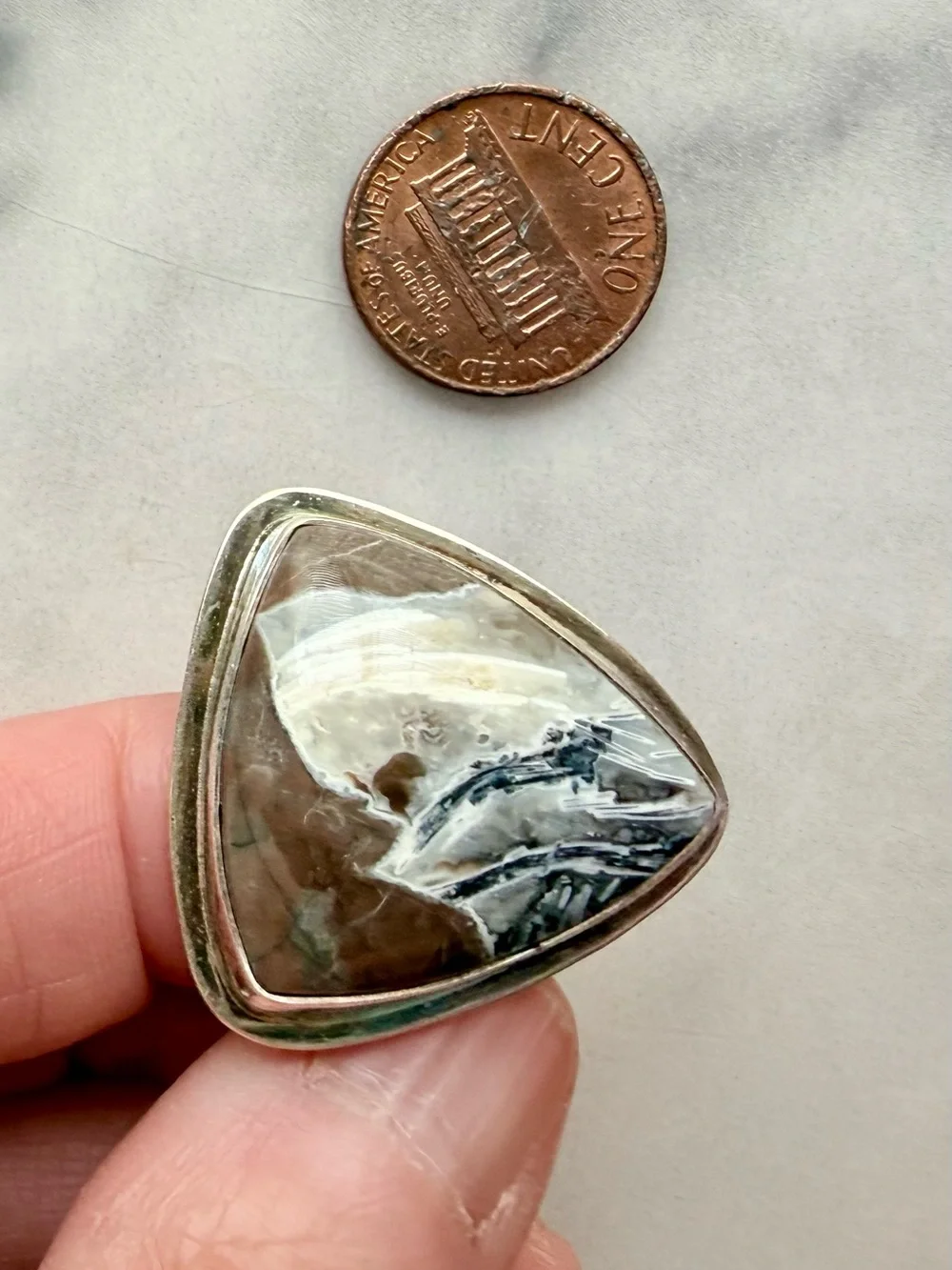 Triangular Moss Agate Statement Ring in Green and Cream